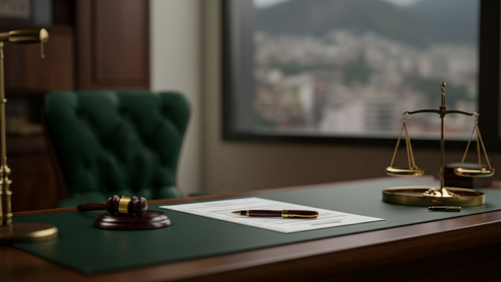 Imagem de um escritório elegante com uma mesa de madeira, uma cadeira clássica e uma balança da justiça ao fundo, representando seriedade e profissionalismo.
