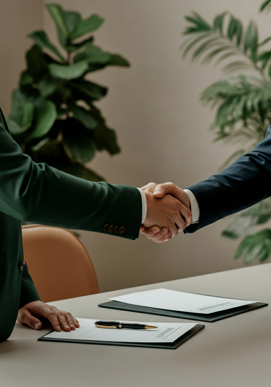 Aperto de mãos entre dois profissionais em um ambiente corporativo, com um contrato e caneta sobre a mesa, simbolizando confiança e resolução em serviços de recuperação judicial.